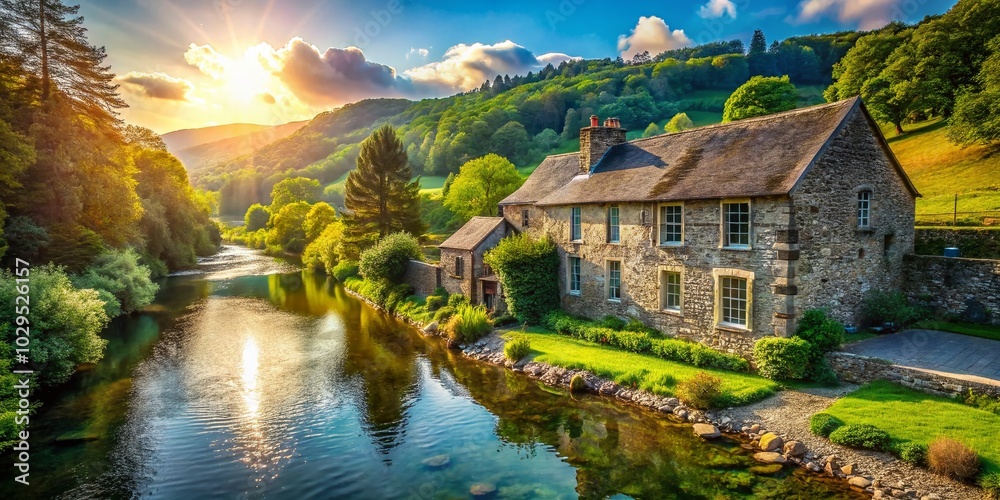 Fototapeta premium Old Stone House Along the River - Scenic Nature View with Copy Space for Text