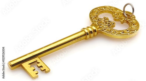 A single gold key with intricate details on the handle, shining brightly with a smooth metallic finish