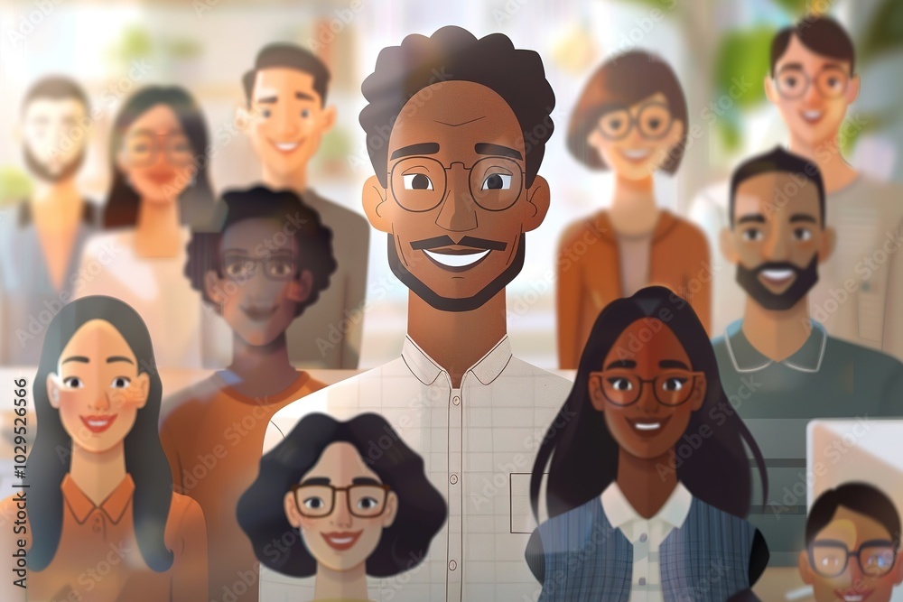 Smiling man in glasses stands out in a diverse crowd. . Smiling man in glasses stands out in a diverse crowd. .