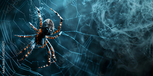 Close-up of a Spider in its Web at Night, Macro Shot of Spider Weaving Web in Dark Background