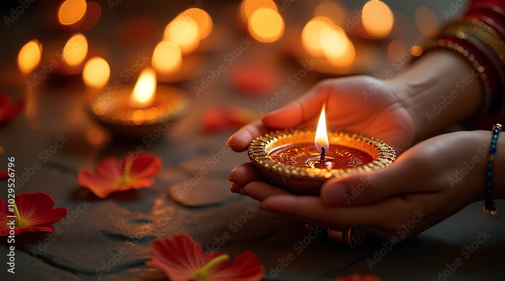Burning candle in hand, created with Generative AI technology, traditional India Hinduism celebration culture of flames, burning tradition light in holiday culture of flower and candlelight burn Burning candle in hand, created with Generative AI technology, traditional India Hinduism celebration culture of flames, burning tradition light in holiday culture of flower and candlelight burn