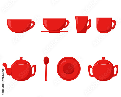 Set of dishes for tea drinking, various cups and teapots for hot drinks