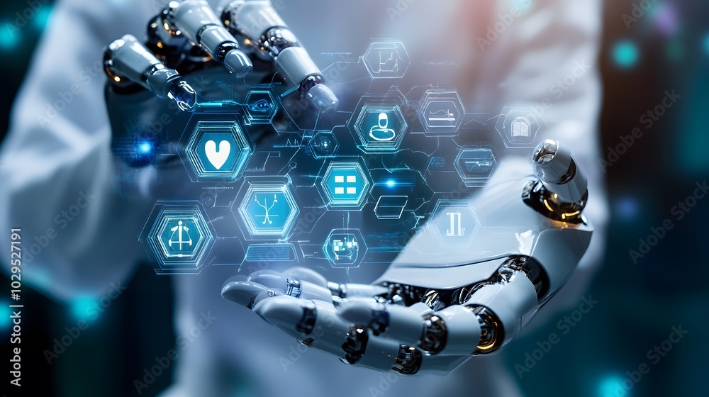 Healthcare technology, Hands of robot hold healthcare system management tools, health records, medical devices, diagnostics, and patient monitoring technology.
Healthcare technology, Hands of robot hold healthcare system management tools, health records, medical devices, diagnostics, and patient monitoring technology.