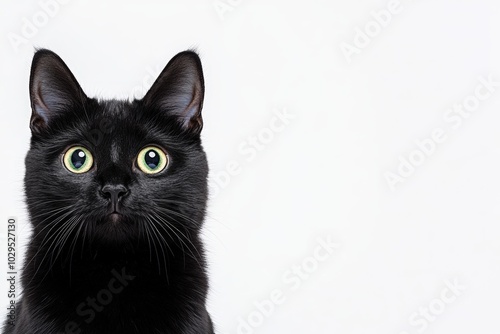 Black cat with bright eyes on a white isolated background.