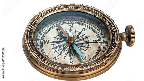 A vintage brass compass with an aged patina, the needle pointing north, intricate details around the edges  photo