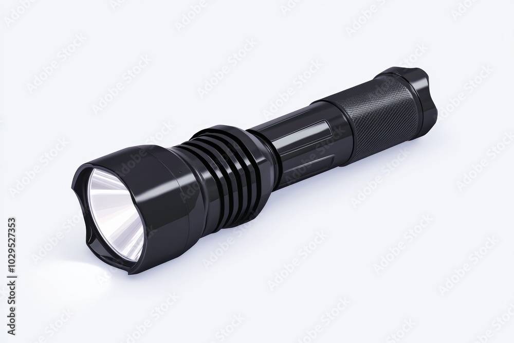 Black flashlight with bright LED light, isolated on white background. Black flashlight with bright LED light, isolated on white background.