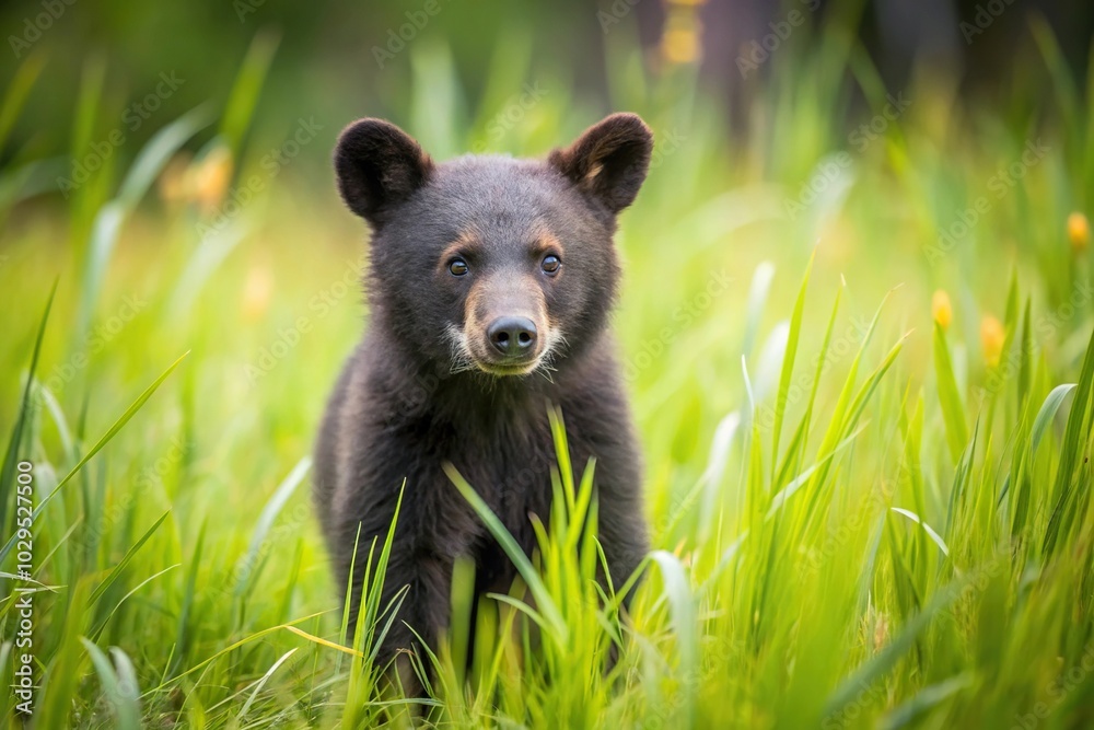 Fototapeta premium Panoramic view of black bear cub walking through grass