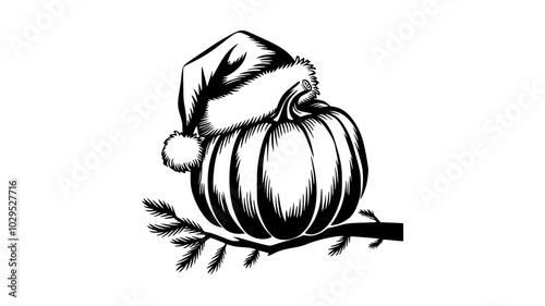 Black and White Vector of a Pumpkin Wearing a Christmas Hat Generative AI

