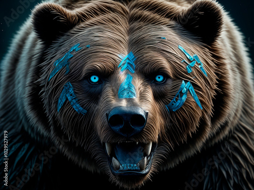 a highly detailed and dramatic image of a massive, ancient bear, exuding an almost mythical presence. The bear's thick, rugged fur are etched with ancient runes - generated by ai