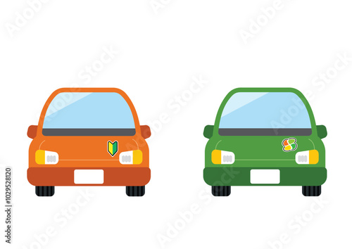 初心者マークと高齢者マークがついている乗用車のイラスト