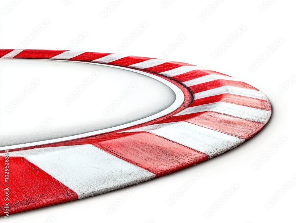 Curved racetrack edge with red and white stripes, white isolate background. Curved racetrack edge with red and white stripes, white isolate background.