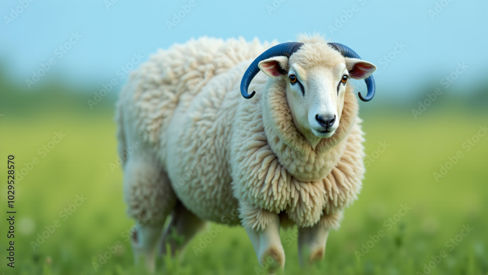 A Vibrant Blue-Piped Sheep Grazing in a Lush Green Pasture Under a Clear Sky A Vibrant Blue-Piped Sheep Grazing in a Lush Green Pasture Under a Clear Sky
