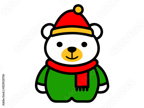 Vector Outline of A cute Bunny wearing a Santa clause hat and scarf on white background   