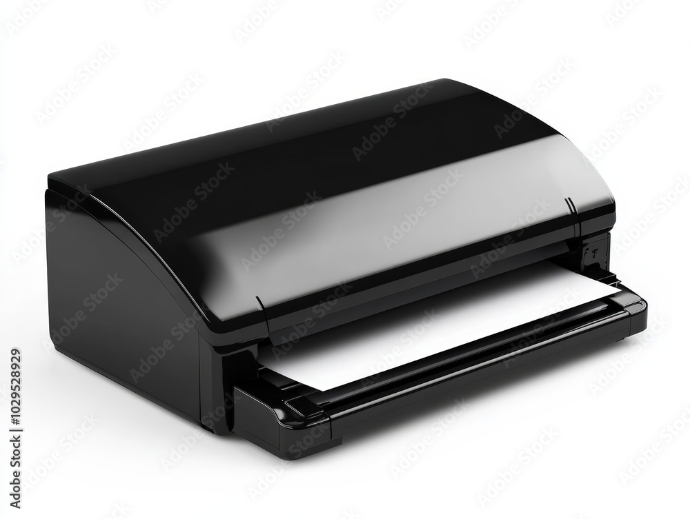 Black printer with paper tray open, modern design on white isolated background Black printer with paper tray open, modern design on white isolated background