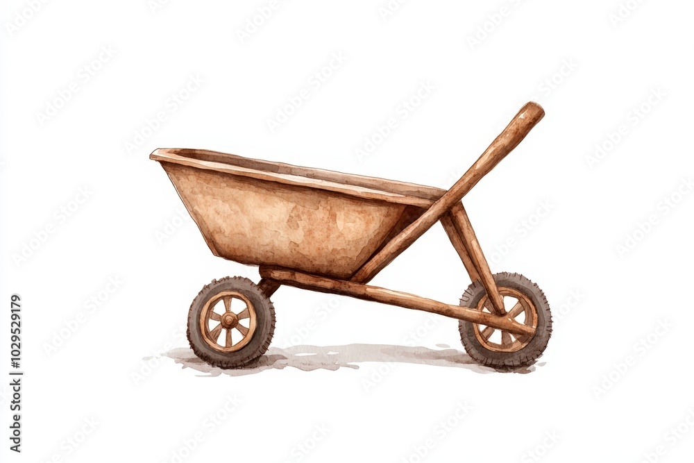 Old wooden wheelbarrow with rusty wheels on white isolated background.