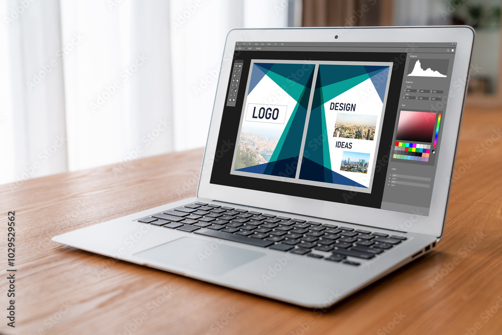 Graphic designer software for modern design of web page and commercial ads showing on the computer screen Graphic designer software for modern design of web page and commercial ads showing on the computer screen