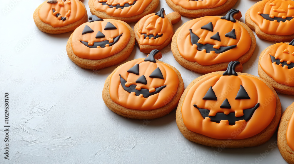 Halloween pumpkin shaped gingerbread cookies in orange icing on white background, all saints day, holiday, place for text, october 31, jack o lantern, card, copyspace, blank, celebration, food, baking Halloween pumpkin shaped gingerbread cookies in orange icing on white background, all saints day, holiday, place for text, october 31, jack o lantern, card, copyspace, blank, celebration, food, baking