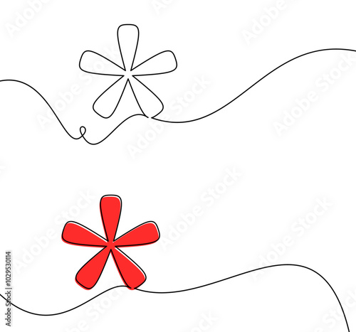 Vector illustration of red and white asterisk shapes connected by flowing lines. Minimalist and creative design.