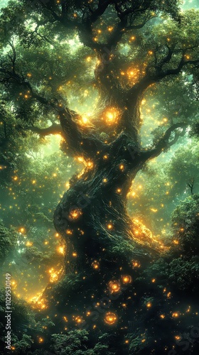 Enchanting Ancient Tree Illuminated by Magical Lights in a Mystical Forest