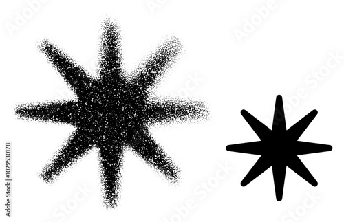 Black stippled eight-point starburst with a solid version beside it, perfect for abstract or graphic design elements.