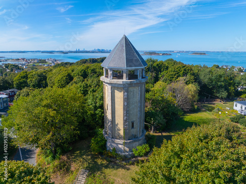 Hull Village aerial view including Fort Revere Water Tower on Telegraph Hill in Hingham Bay in Boston Harbor, the peninsula is part of Hull, Massachusetts MA, USA. 