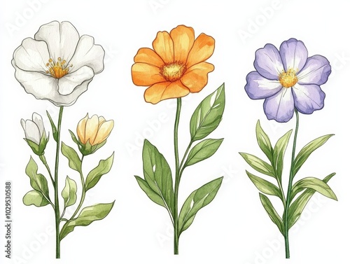 Three colorful flowers with green leaves on a white isolate background.