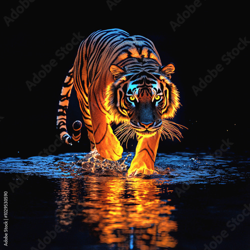 Tiger illuminated by glowing orange light, walking through reflective water at night photo