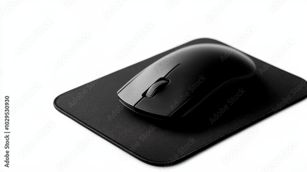 Black computer mouse on a matching mouse pad, white isolate background. Black computer mouse on a matching mouse pad, white isolate background.