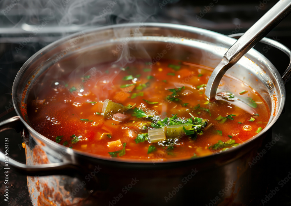 close-up of Hot soup with pickled cucumbers in a Stainless Steel Pot close-up close-up of Hot soup with pickled cucumbers in a Stainless Steel Pot close-up