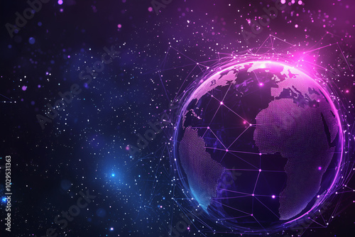 Bright digital rendering of the globe with neon networks on a cosmic background