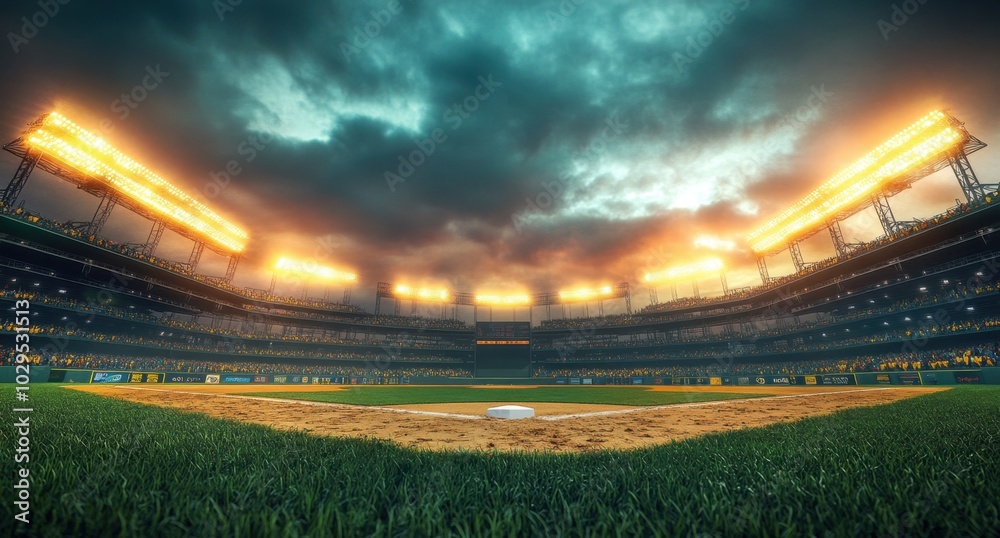 Grand baseball stadium field diamond daylight view, modern public sport building 3D render background.
Grand baseball stadium field diamond daylight view, modern public sport building 3D render background.