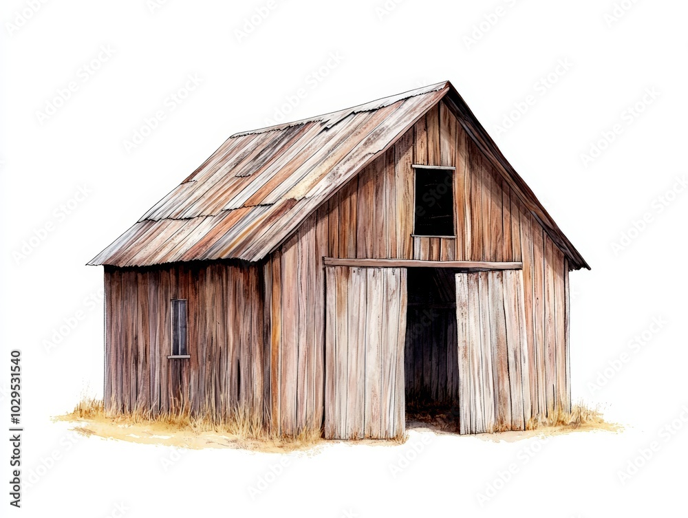 Rustic wooden shed with weathered roof, isolated on white background. Rustic wooden shed with weathered roof, isolated on white background.