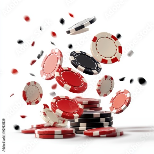 Colorful casino chips falling, white isolate background. photo