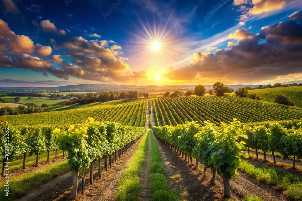 Panoramic Sunlit Vineyard with Rows of Grapevines and Bright Sky - Bokeh Effect Photography Panoramic Sunlit Vineyard with Rows of Grapevines and Bright Sky - Bokeh Effect Photography