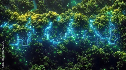Futuristic Green Circuitry in Lush Forest Setting with Neon Glow Effects