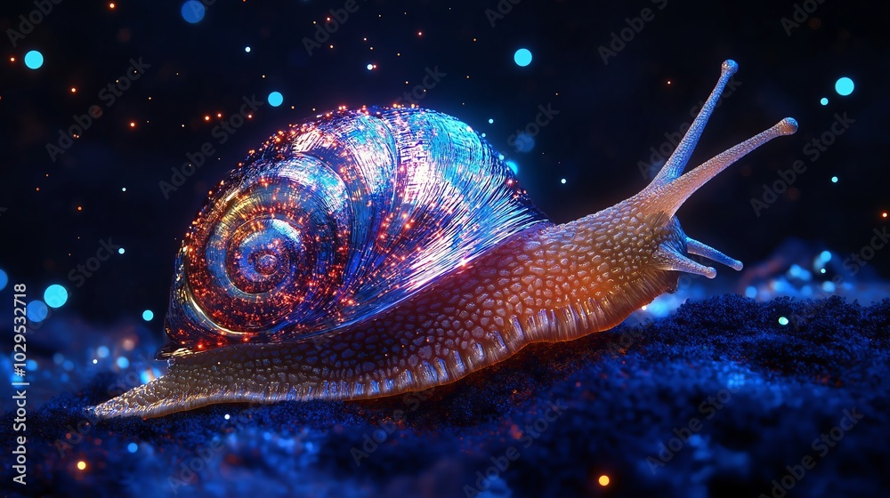 Vibrant and glowing snail with colorful lights, representing a fusion of nature and digital art in a surreal, imaginative scene, Generative AI Vibrant and glowing snail with colorful lights, representing a fusion of nature and digital art in a surreal, imaginative scene, Generative AI