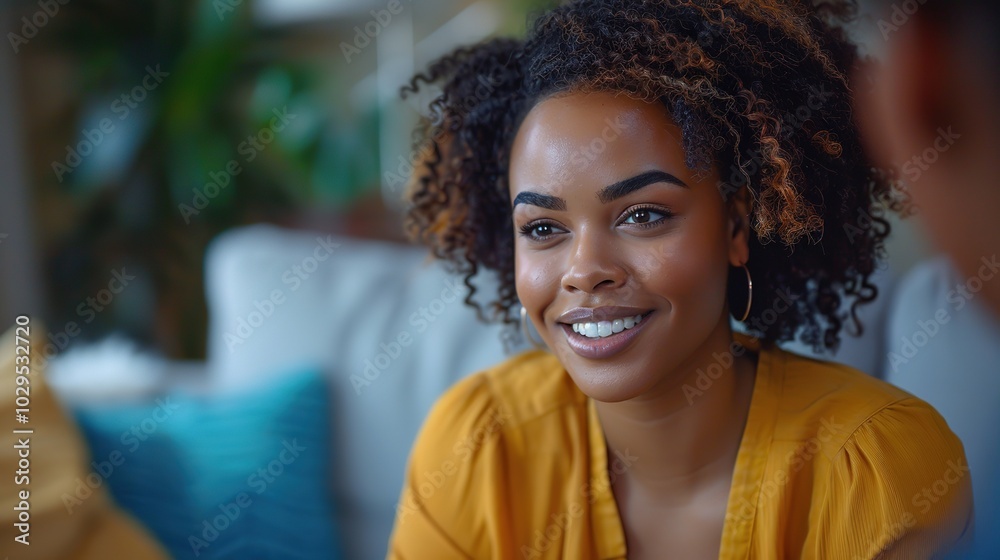 A woman with curly hair smiles brightly, looking towards someone off-camera. . A woman with curly hair smiles brightly, looking towards someone off-camera. .