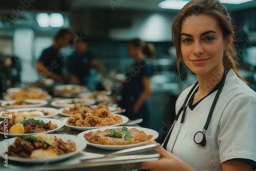 smiling doctor enjoying a nutritious meal in a hospital cafeteria in healthcare food service