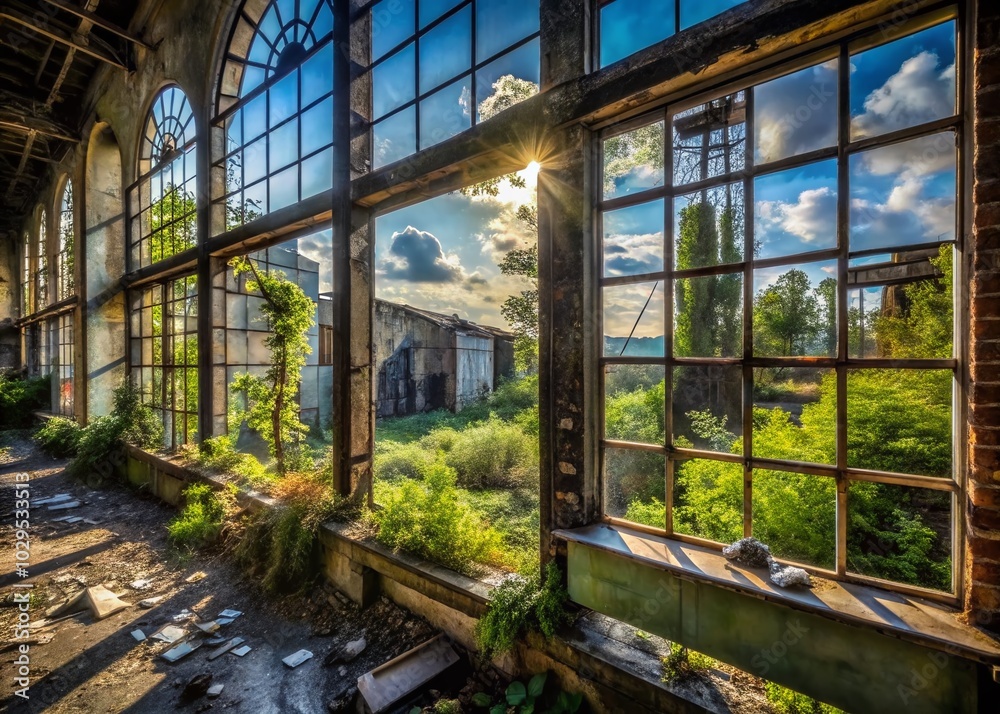 Panoramic View of Broken Glass in Abandoned Soviet Plant Ruins Panoramic View of Broken Glass in Abandoned Soviet Plant Ruins