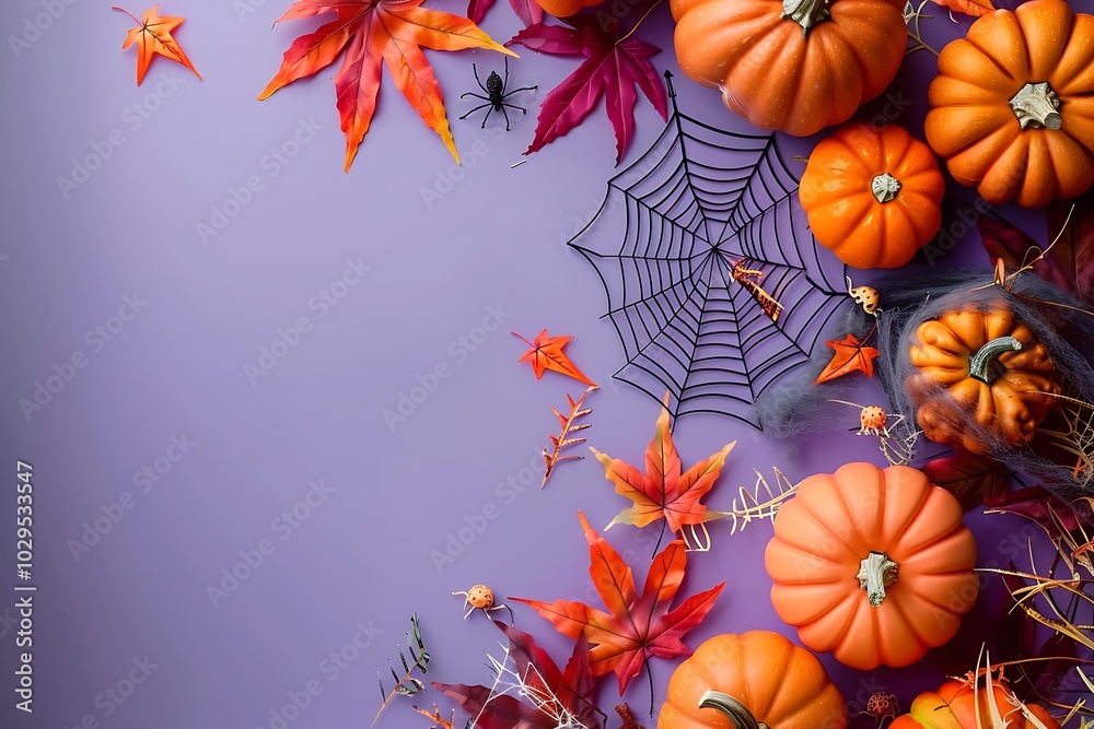 Halloween background with pumpkins, spider web, and autumn leaves on purple background, copy space top view. Halloween background with pumpkins, spider web, and autumn leaves on purple background, copy space top view.