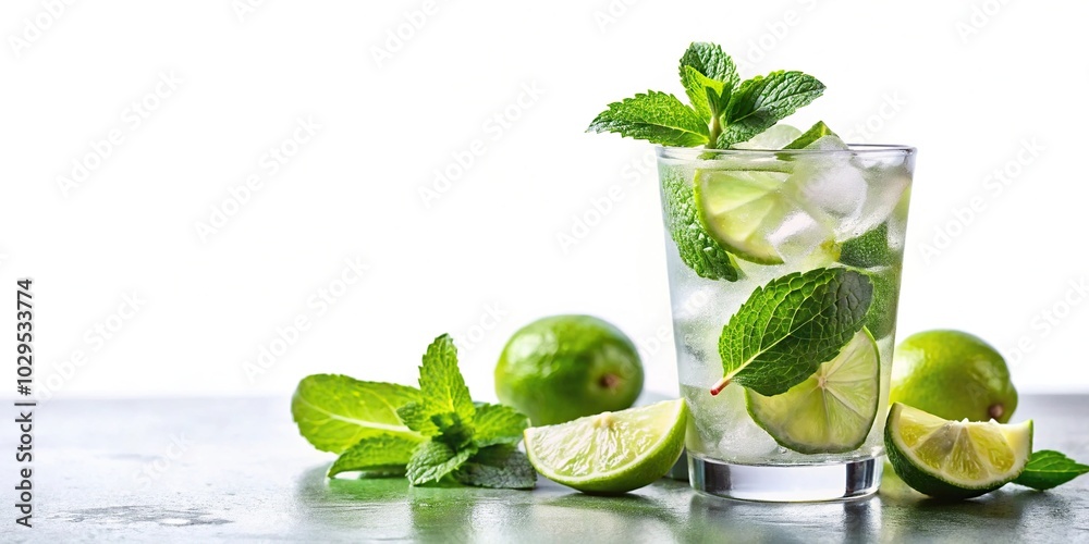 Mojito cocktail with lime and mint leaves isolated on white background Mojito cocktail with lime and mint leaves isolated on white background