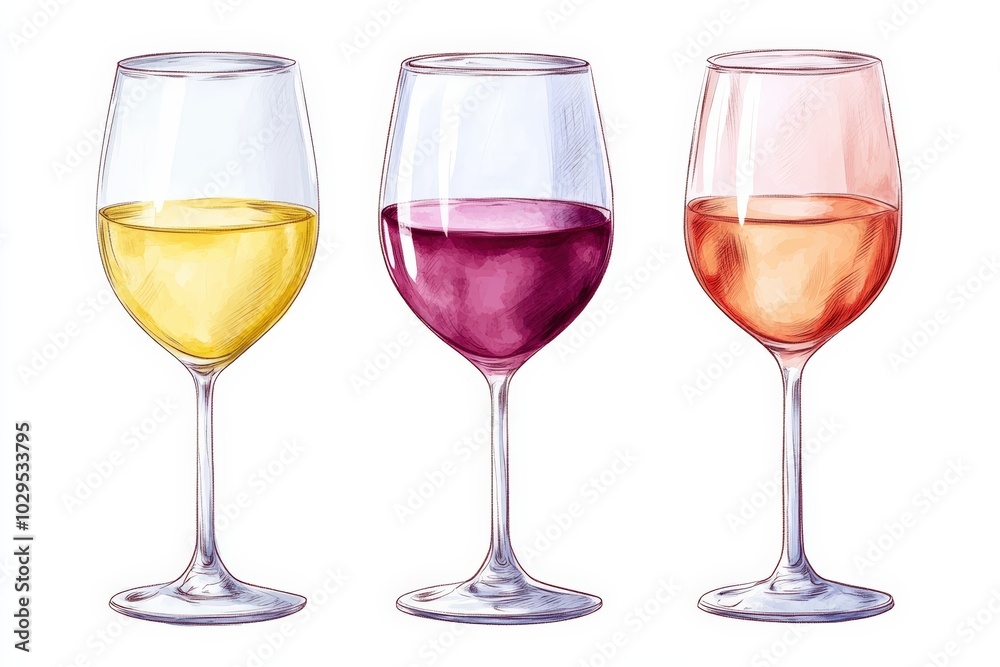 Three wine glasses with different colored wines, white isolate background. Three wine glasses with different colored wines, white isolate background.