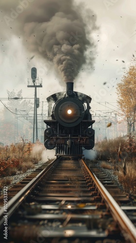 Classic steam engine puffing smoke on rural tracks, 4K hyperrealistic photo