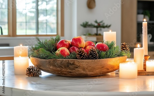Wallpaper Mural A rustic wooden bowl filled with red apples and pinecones surrounded by lit candles on a kitchen table in a cozy setting Torontodigital.ca