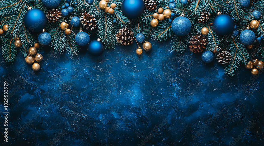 Elegant blue and gold Christmas ornaments and pine branches on dark background
Elegant blue and gold Christmas ornaments and pine branches on dark background