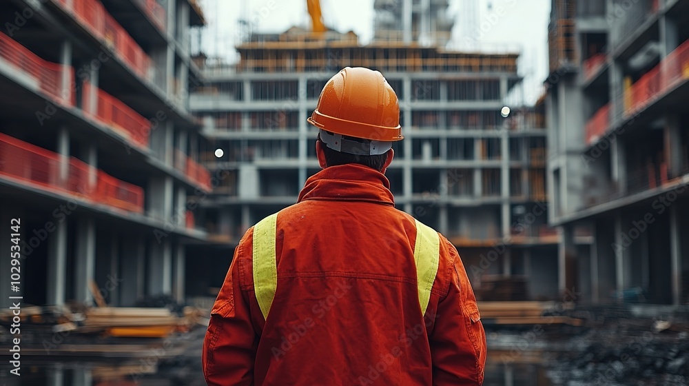 Construction worker in orange jumpsuit and hard hat stands in front of unfinished building. . Construction worker in orange jumpsuit and hard hat stands in front of unfinished building. .