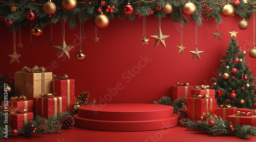 Elegant Christmas stage with golden decorations and red gift boxes