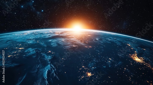  An image of Earth from outer space shows the sun shining brightly at its center while surrounded by stars in the backdrop