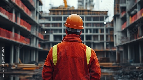 Construction worker in orange jumpsuit and hard hat stands in front of unfinished building. .