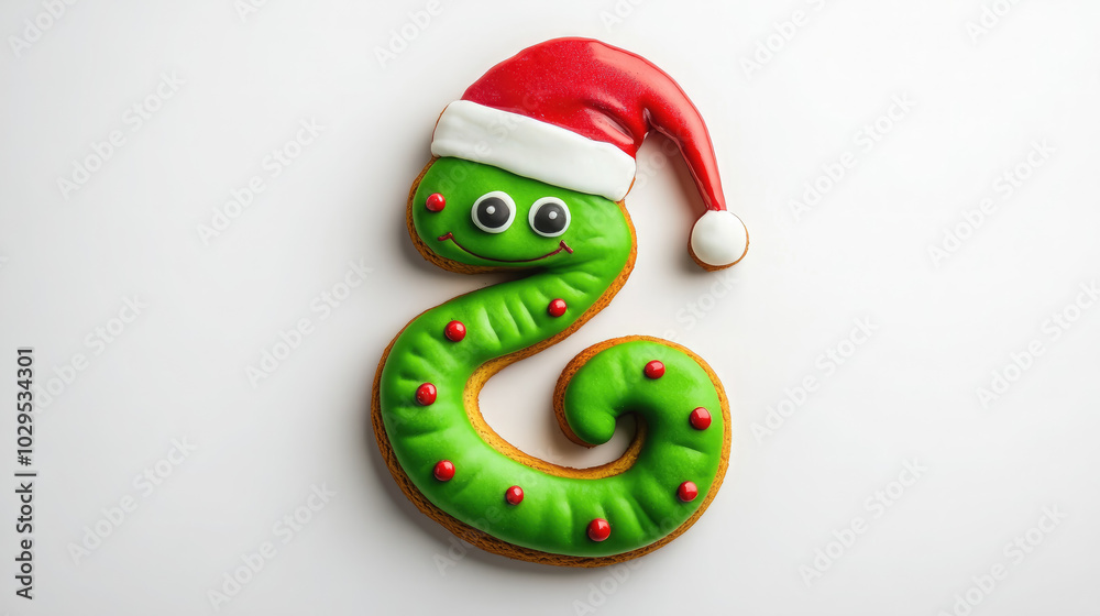 Christmas gingerbread in the shape of a cartoon snake in Santa Claus’s hat on a white background, New Year, a symbol of 2025, Chinese New Year, Biscuits, XMas, Baking, Dessert, Food, cookie Christmas gingerbread in the shape of a cartoon snake in Santa Claus’s hat on a white background, New Year, a symbol of 2025, Chinese New Year, Biscuits, XMas, Baking, Dessert, Food, cookie